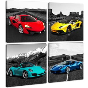 JiazuGo Car Pictures Posters Black and White Wall Decor Art for Teen Boys Room Mens Bedroom Office Canvas Framed Ready to Hang 12" W12" H4 PCS