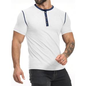 PLEPAN Mens Henley Shirts Crewneck Short Sleeve Casual Cotton T-Shirts with Contrast Color Collar (X-Large)