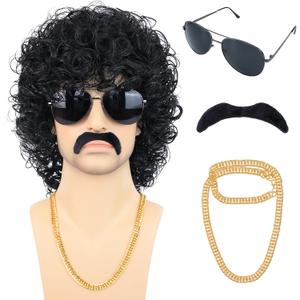 80s Short Black Curly Wig for Men with Mustache Glasses and Chain 70s Mullet Wig with Curl for Rocker Halloween Costume Cosplay