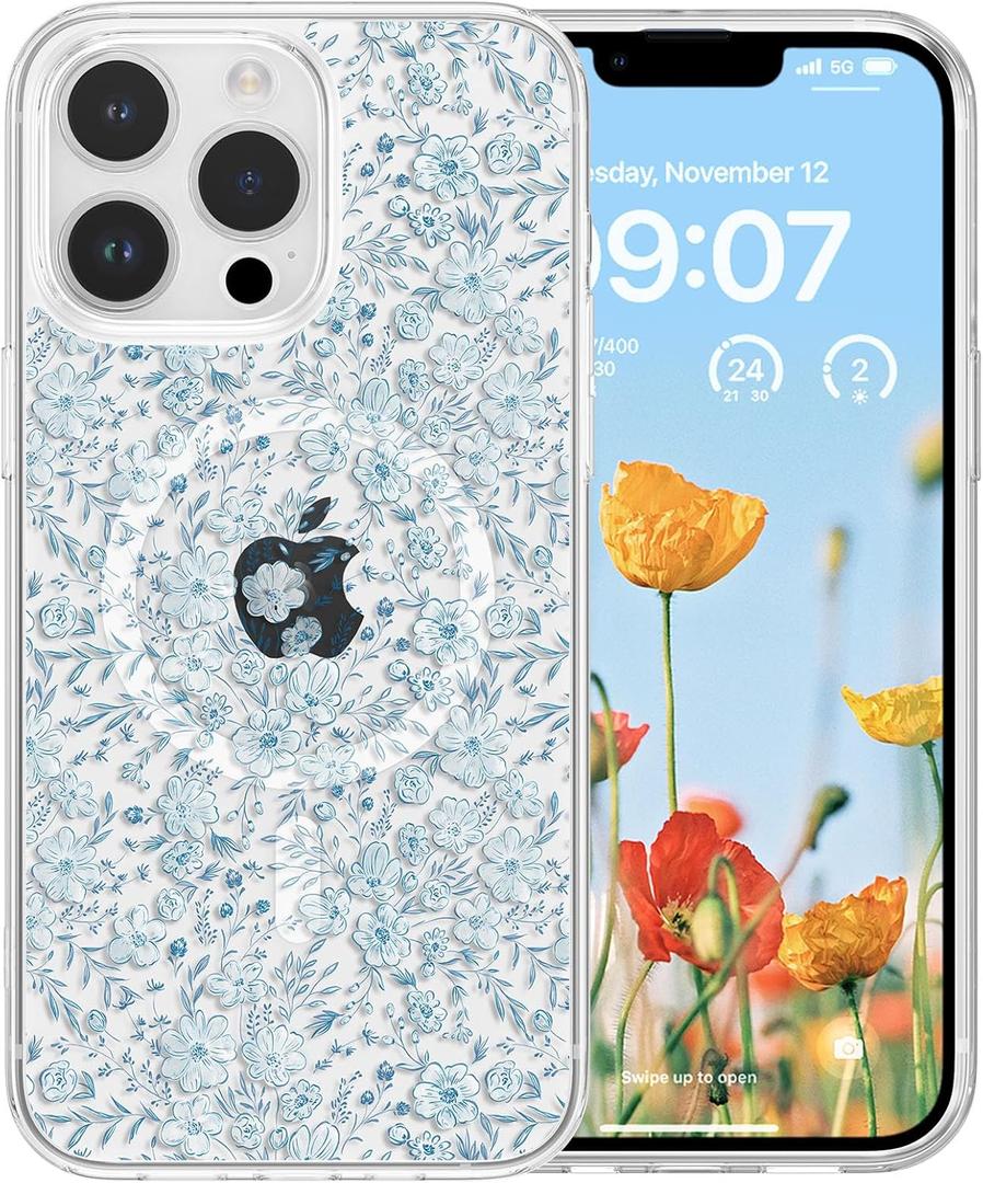 RALEAVO for iPhone 16 Pro Case Compatible with MagSafe Clear Floral Pattern Design Cute for Girls Women Slim Magnetic Hard Back Shockproof Phone Case for iPhone 16 Pro,Blue Flowers