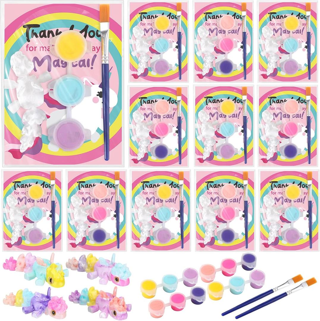 ForraFun 24 Sets Unicorn Party Favors Valentines Day Gift with 24 Pcs 3D Printed Unicorn Coloring Small Figures Charm Craft 24 Brushes and Cards for DIY Painting Kit Birthday Valentines Party Supplies