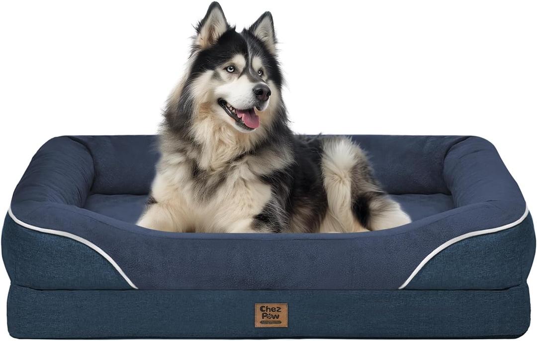 Washable Orthopedic Large Dog Bed - Extra Large Dog Bed with Bolsters Removable Orthopedic Foam Support Dogs Beds for XL Large Size Pet with Waterproof Cover Non-Slip Bottom (Navy)