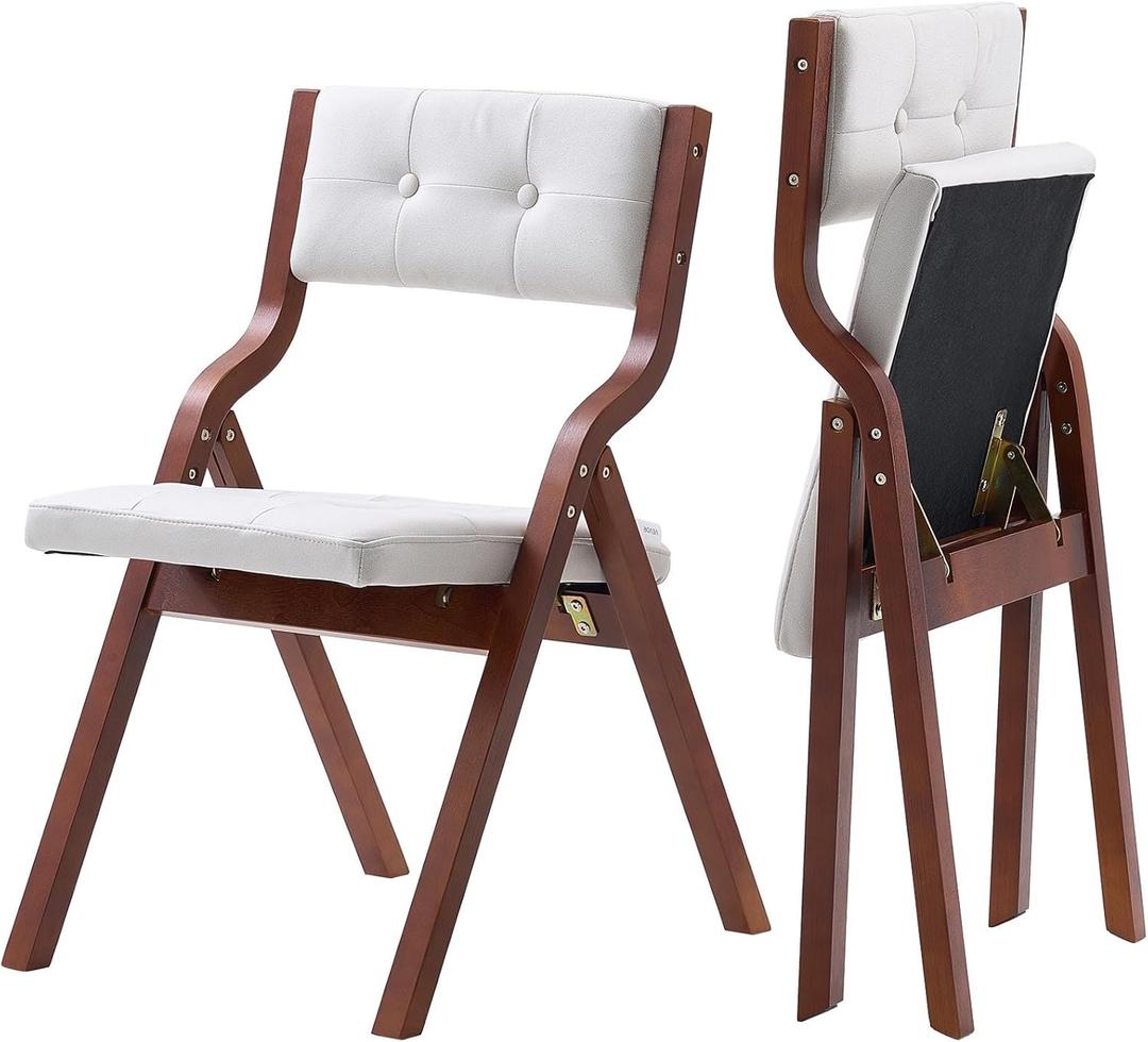 VEVOR Wooden Folding Chairs with Cushion, Set of 2, Portable Foldable Cushion Chair with Wooden Frame, Modern Padded Dining Chair for Kitchen, Office, Wedding, Party, Dining Room, Easy Assembly, White (Walnut+beige)