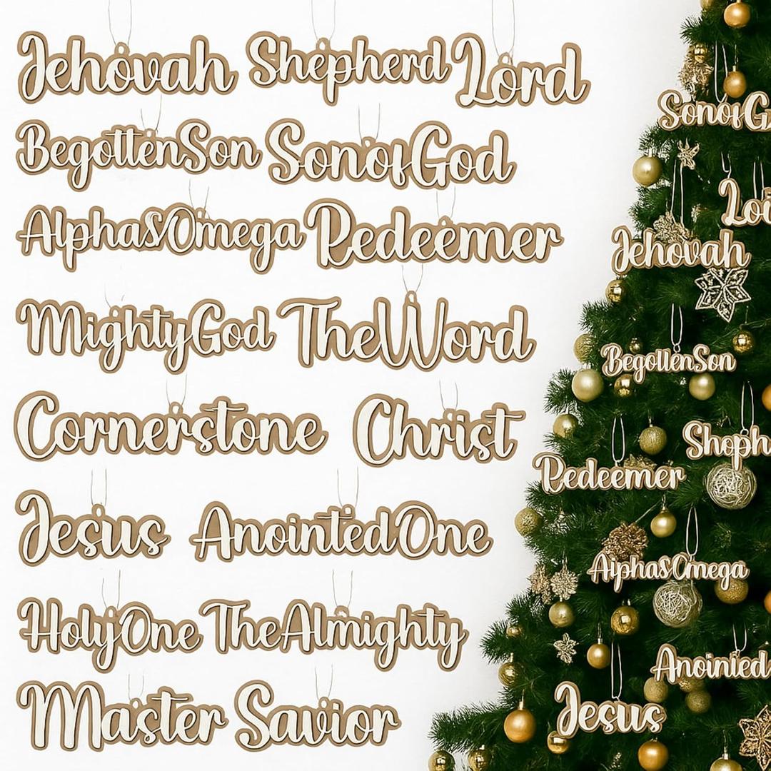 25 Pcs Names of Christ Ornaments Christmas Tree Decoration Wooden Names of Jesus Christian Ornament with Hemp Rope for Xmas Party Favor Decor
