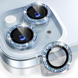 Choiche Compatible for iPhone 15 /iPhone 15 Plus Camera Lens Protector Bling, 9H Tempered Glass Camera Cover Screen Protector Metal Ring Decoration Accessories (Glitter-Blue) (For 15/15 Plus)