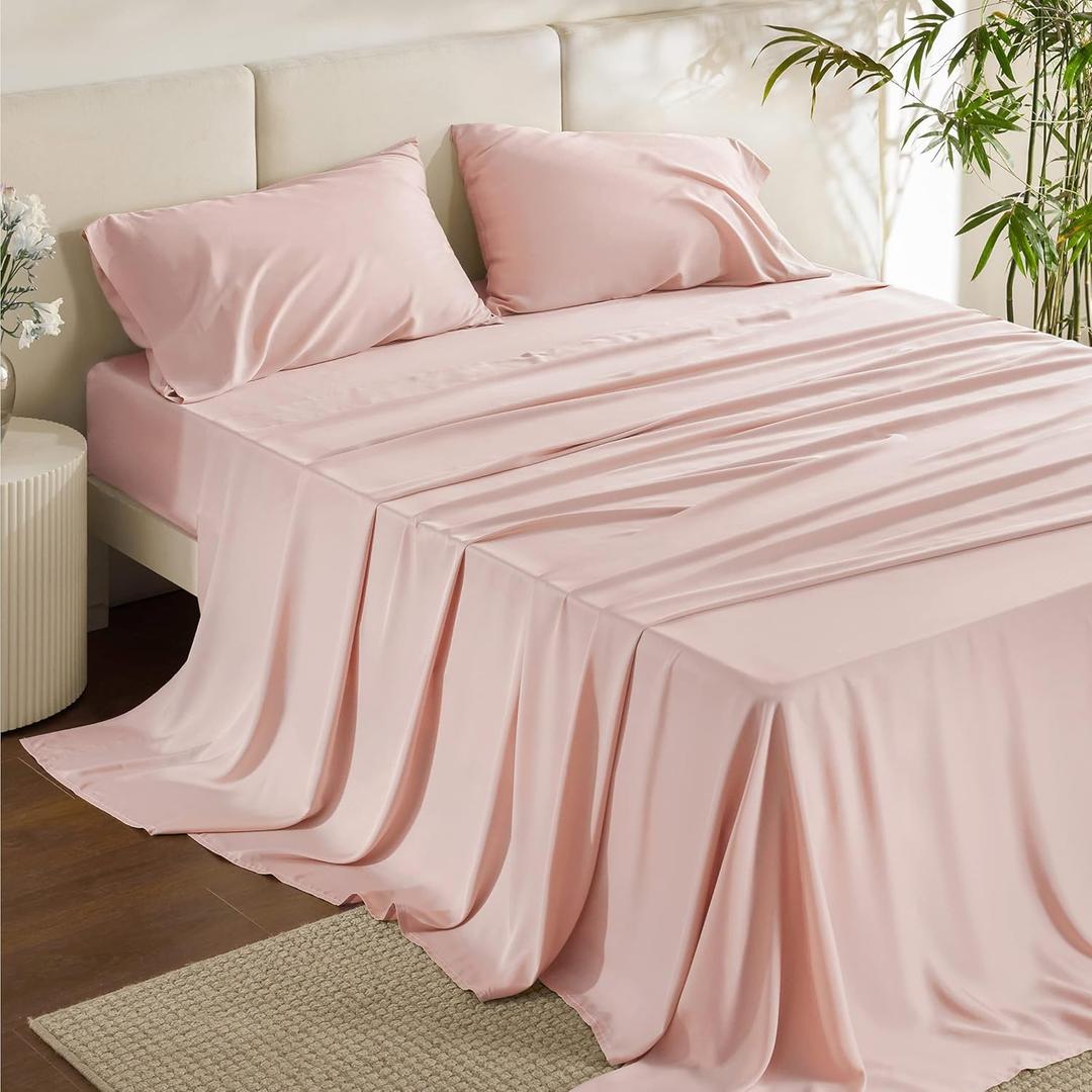Bedsure Queen Sheet Set, Rayon Derived from Bamboo, Cooling Sheets, PureWoven, Breathable & Soft, Deep Pocket Up to 16 Inches, Hotel Luxury Silky Bedding for Hot Sleepers, Pink