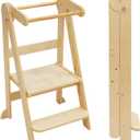 Foldable Toddler Tower 95% Preassembled Kitchen Stool Helper Folding Step Stool for Kids with 3 Adjustable Height Montessori Toddler Standing Tower for Kitchen Counter Sink Natural