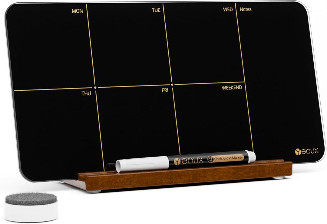 Desktop Black Glass Weekly Planner Dry Erase Whiteboard with Detachable Wood Stand,Small Portable Week Calendar to Do List White Board 12x6 for Office, Home, Schools, Marker&Eraser Included, Yeoux