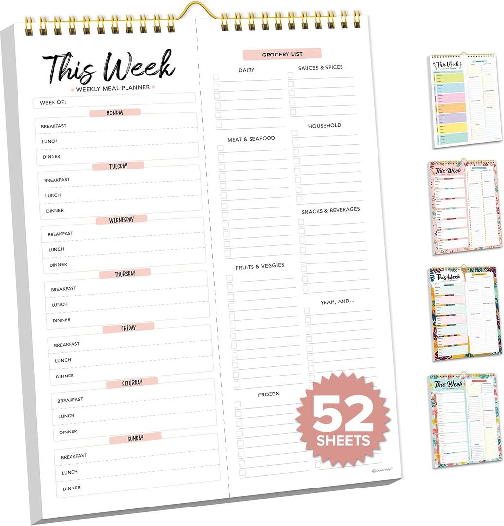 Decorably 52 Sheets Minimal Pink Undated Magnetic Weekly Meal Planner and Grocery List Notepad with 4 Strong Magnets - 8.5x11in Spring-Bound, Refrigerator Mountable, Easy Tear-Off Design