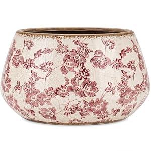 Ninehaoou 9.8 Inch Large Vintage Ceramic Planter Ice Crack Glaze Pink Rose Floral Flower Pot with Drainage Hole Rustic Decorative Plant Pots Gifts for Home Kitchen Office Indoor Outdoor Plants