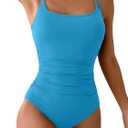 Eomenie One Piece Swimsuit for Women Tummy Control Ruched Bathing Suit Push Up Slimming Swim Suit Double Straps Swimwear (Large, Blue)