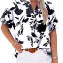 Womens Summer Dressy Tops V-Neck Short Sleeved Floral Business Casual Work Blouses Shirts, XX-Large, 1-Black Flower