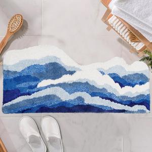 Wavy Bathroom Rug - Ocean Blue 3D Microfiber Carpet with Non-Slip Backing (63"x28")