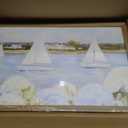 Framed Vintage Hydrangea Floral Wall Art, Blue Coastal Sailboat Pictures Wall Decor, Summer Nautical Landscape Paintings Canvas Prints Artwork for Home Living Room Bedroom 16x24 inch