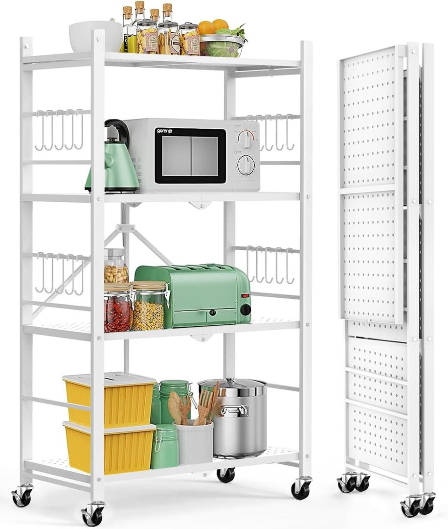 Himix Storage Shelves with 20 Hooks, 4-Tier Foldable Shelves for Storage, Folding Shelf Unit Pantry Shelves with Wheels, Metal Shelving Storage Rack Shelf for Kitchen Garage Home, White - No Assembly