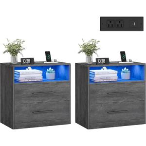 VASAGLE Custos Collection - Set of 2, 23.6 Inch Wide Nightstands with Charging Station, LED Lights, Modern Night Stands, Side End Tables with Drawers, Open Shelf, 2 AC Outlets USB Ports, Misty Gray, 2 PACK