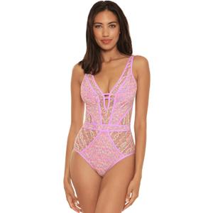 BECCA Color Play One Piece Swimsuit, Plunge Neck, Crochet, Bathing Suits for Women (Small, Orchid)
