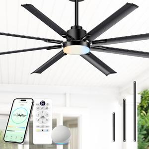 72" Aluminum Outdoor Ceiling Fan with Light, Industrial-Grade 8 Metal Blade | 9744 CFM, Quiet High CFM BLDC Motor, Dimmable LED with Memory, Smart Alexa Remote Control, Damp Rated for Patios/Garage/Porch