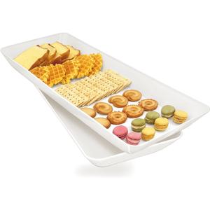 Serving Tray Platter Rectangle, 2 Pcs Long Narrow Food Tray for Veggie Fruit Snack Dessert, Plastic White Food Trays for Party Supplies Display, Rectangular Platters for Serving Food, BPA Free