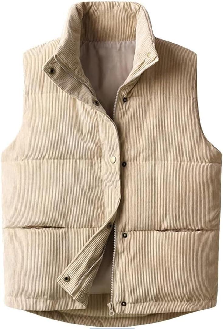 Womens Corduroy Puffer Vest Stand Collar Zip Snap Button Sleeveless Warm Waistcoat Padded Gilet (X-Large, Apricot)