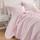 HORIMOTE HOME 100% Cotton Quilt Set Queen Size, Light Pink Pre-Washed 3-Piece Bedspread Coverlet Set, Cozy Lightweight Stitching Bedding Cover with 2 Shams in Geometric Pattern for All Season