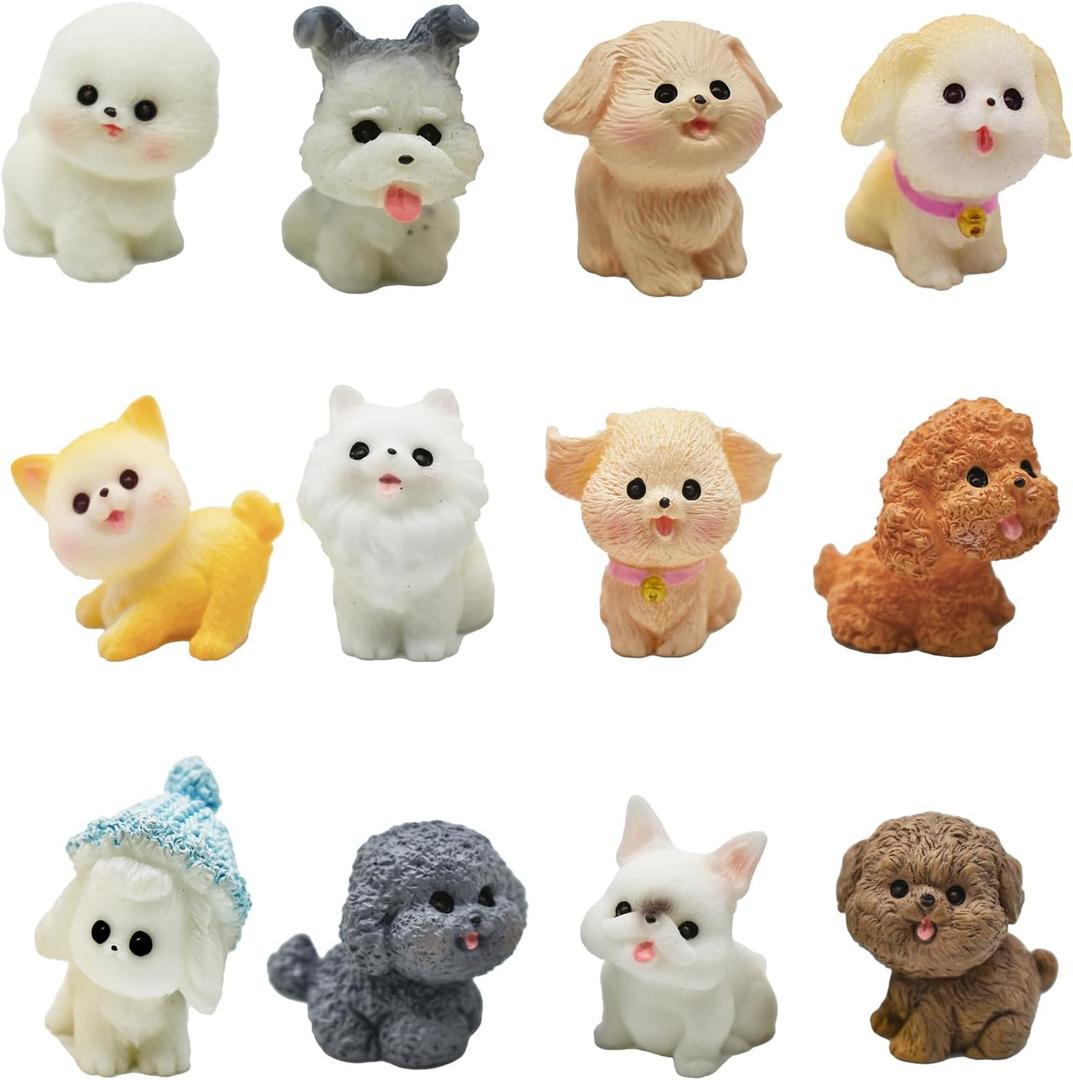12Pcs Mini Dog Figurines 1inch Cartoon Tiny Puppy Figures Cute Miniature Resin Cake Toppers for DIY Fairy Garden Dollhouse Birthday Decorations