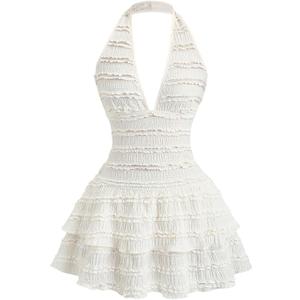 Floerns Women's Cute Halter Mini Dress Frill Trim Layered Ruffle A Line Going Out Dresses White X-Small