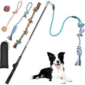 Flirt Pole for Dogs with 4 Rope Chew Toys, Dog Flirt Pole with Carry Bag for Outdoor Training and Exercise, Detachable Teaser Wand for Small, Medium Dogs