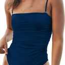 Women's Sexy Ruched Bandeau One Piece Swimsuit Bathing Suit Slimming Swimwear, Super Cheeky Coverage, High Leg Cut (8, Vintage Blue)