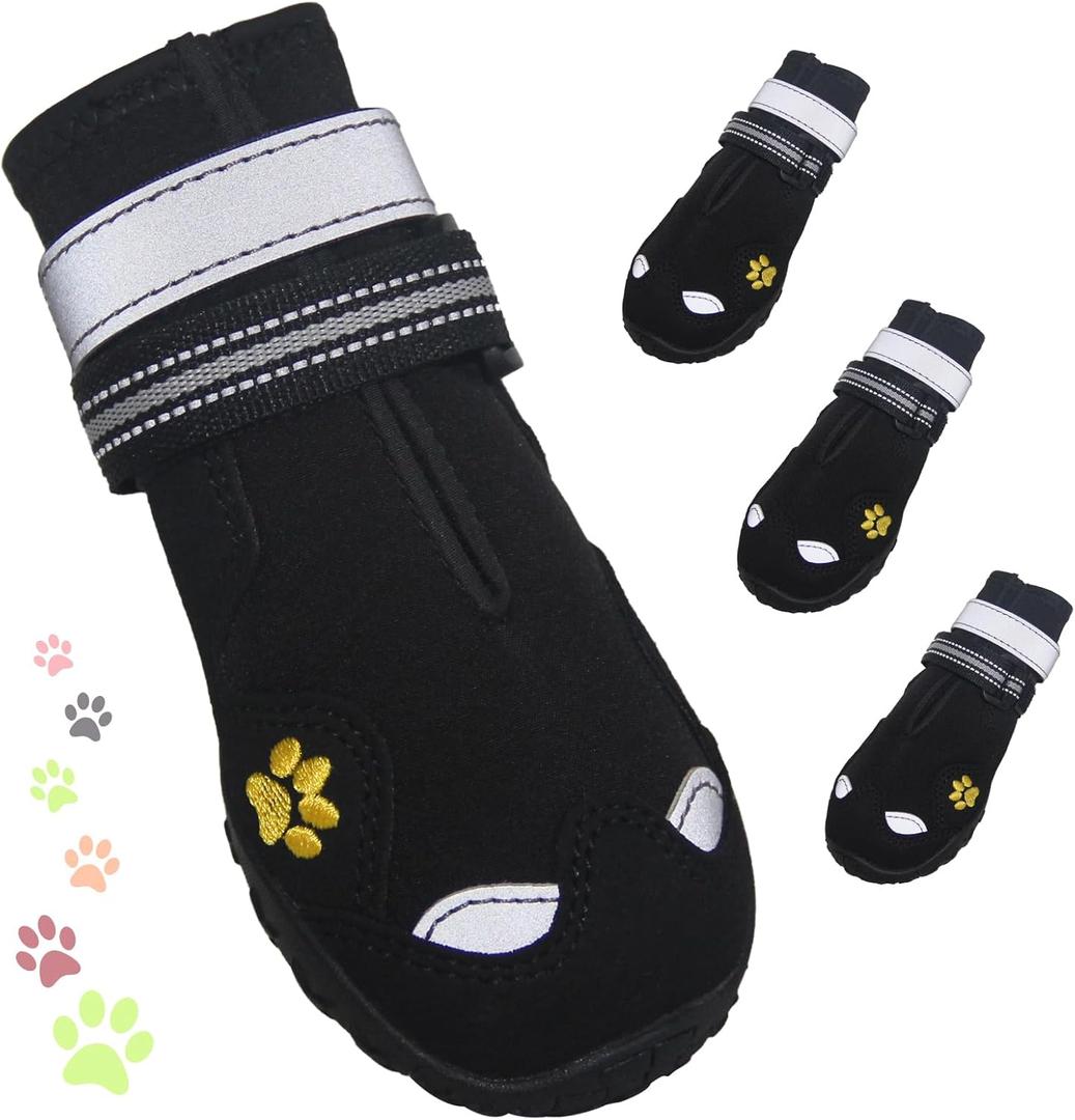 Dog Shoes for Large Dogs, 360Anti Slip Medium Dog Boots & Paw Protectors Winter Snowy, Waterproof 4Pcs Dog Booties with Reflective Strips (Size 1: 1.57''x2.09''(W*L), Black)