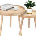 Round Coffee Table Set of 2, Natural Boho Coffee Tables, Small Mid Century Modern Rattan Coffee Table, Boho Side Table End Tables for Living Room Bedroom Office Natural Walnut - Set