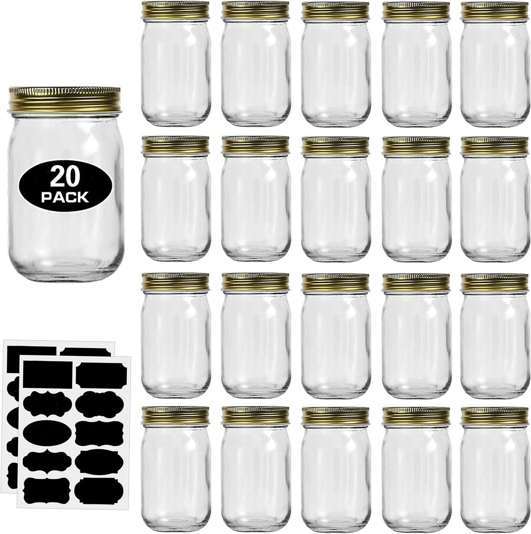 12oz Glass Jars With Lids Regular Mouth 20 Pack -Mason Jars 12 oz For Crafts, Meal Prep, Canning Jars For Food Storage Frascos De Vidrio Con Tapa Para Conservas-with 20 Chalkboard Stickers-Gold Lid (Gold)