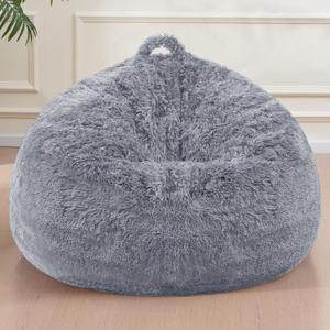 Bean Bag Cover (No Filler), Soft Faux Fur Stuffed Animal Bean Bag Storage, Fluffy Plush Bean Bag Chair Cover Washable, Comfy Bean Bag Covers for Adults Kids Teens, 38"x40" Light Grey