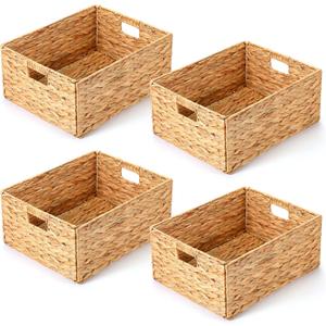 Layhit 4 Pcs Wicker Storage Basket Water Hyacinth Handwoven Baskets with Handles Foldable Woven Organizer Multipurpose Wicker Storage Bins for Bedroom Living Room(16.5 x 13 x 7.5'',Natural)