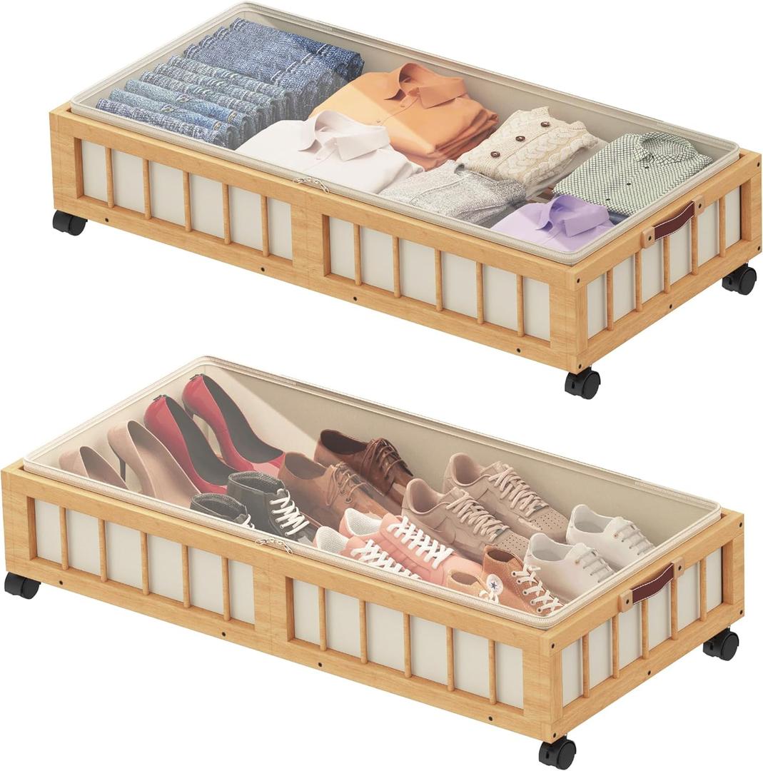 efluky 2-Pack Bamboo Under Bed Storage Containers with Wheels, Under Bed Clothes Storage Basket with Large Dust Bag, Rolling UnderBed Storage for Bedroom, Dorm and Basement, 48L Nature (30.71''L x 16.54''W x 7.5''H)