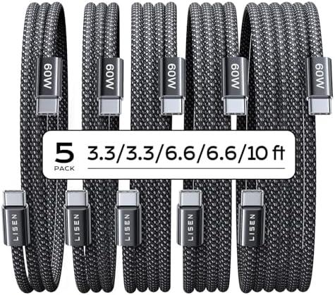 LISEN USB C to USB C Cable, 5-Pack [3.3/3.3/6.6/6.6/10FT] for iPhone 17 Charger Cord, 60W C to C Cable Fast Charging for iPad, iPhone 16 15 Pro Max, Galaxy S25/S24 USBC to USBC Cable Gifts for Men
