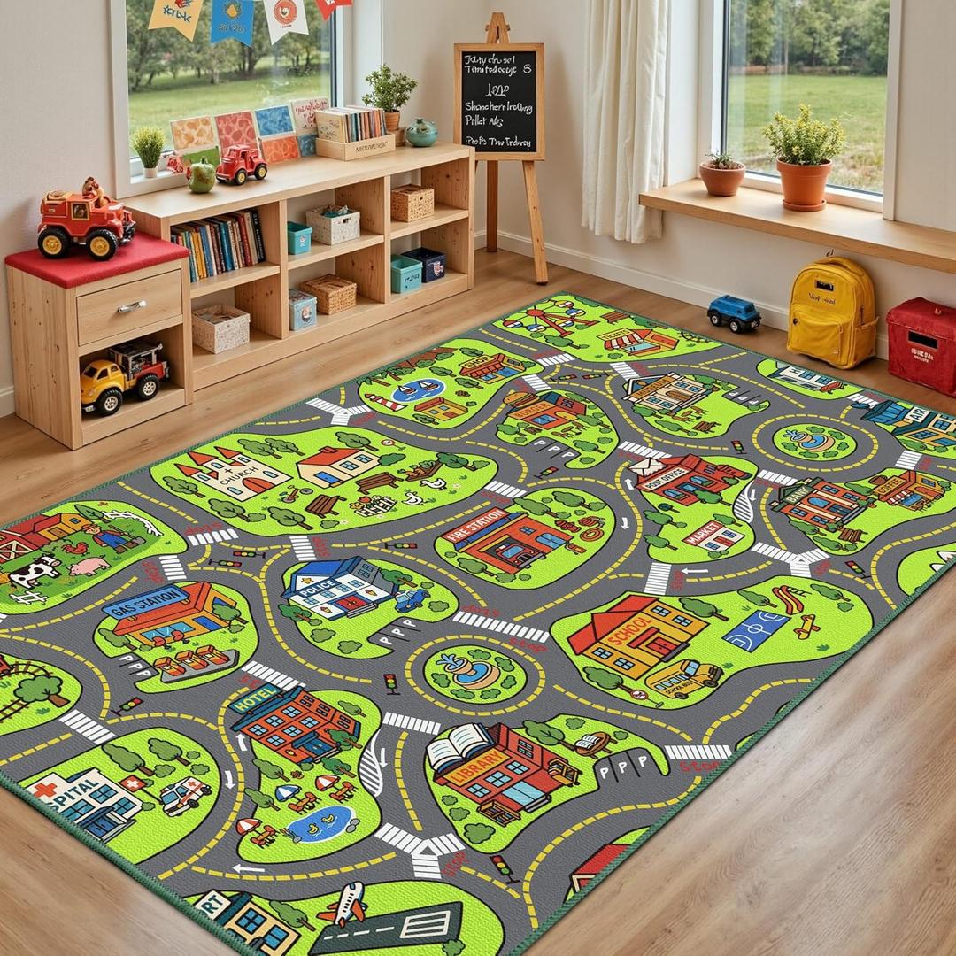 Upgrade Ultra Non Slip Kids Car Rug, Kids Road Playmat Rug for Toy Cars, Educational Town City Map Washable Carpet for Boys Playroom Bedroom, Safer Car Track Play Mat for Children Toddler, 140"x84"
