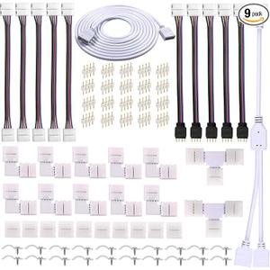4 Pin LED Strip Connector Kit for 5050 RGB(NOT RGBIC) 10mm LED Light Strip,Include 8 Types of Solderless Accessories,Provide Most of Parts for DIY Lighting Project