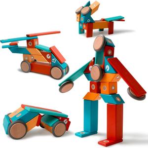 Magnetic Wooden Blocks Set, 22 Pieces STEM Travel Creativity Magnet Block Toys for 3 4 5 Year Old Age Girls Boys