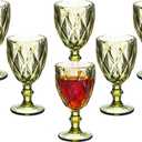 Vintage Wine Glasses Set of 6, 10 Ounce Colored Glass Water Goblets, Unique Embossed Pattern High Clear Stemmed Glassware Wedding Party Bar Glass Drinking Cups Fancy Wine Glasses Green