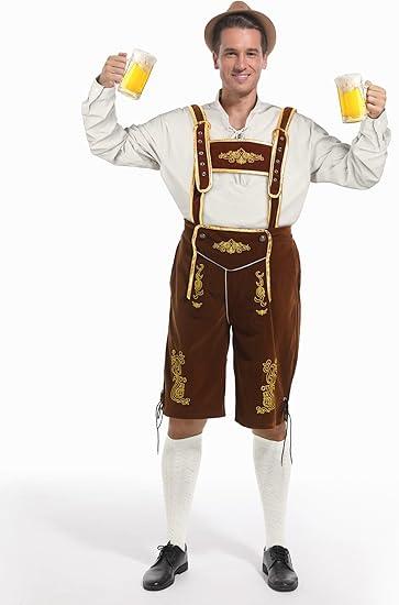 Yahenda Men's Oktoberfest Lederhosen Tshirt Halloween Costume Men Shirts Shorts and Hat Forbeer Bavarian Costume Size L