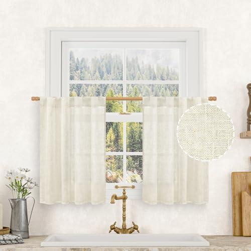LAMIT Short Linen Kitchen Window Curtains 36 Inch Length, Over Sink Semi Sheer Light Filtering Panels Back Tab and Rod Pocket Drapes for Basement Bathroom Window, 2 Panels, Cream Ivory，34 x 36 Inch