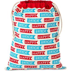 Hallmark 19" Large Birthday Drawstring Gift Bag (Red and Blue "Happy Birthday" Flags) for Kids, Grandchildren, Adults, Coworkers, Friends