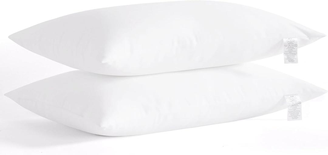 Standard Size Pillows Set of 2 - Soft Down Alternative Bed Pillows for Back and Stomach Sleepers - Low Density, Low Loft Support - 20" x 26" - White