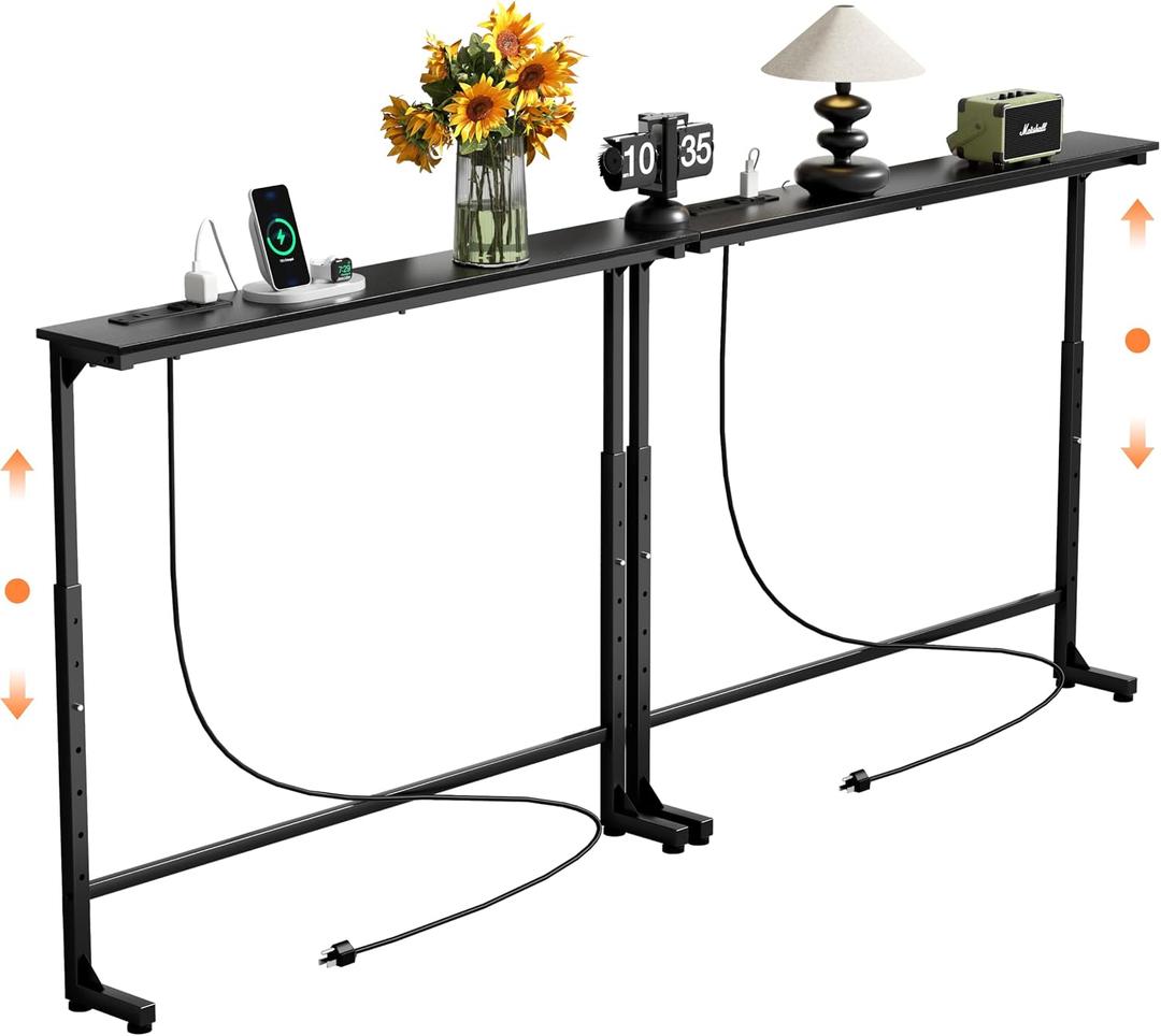 GRLEAF 2 Pack Adjustable Height Narrow Console Table with Power Outlets, 78.7" Long Sofa Table with Charging Station Behind Couch Table Skinny Entryway Table for Living Room and Hallway Black