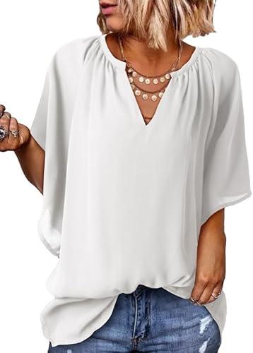 SHEWIN Womens Casual V Neck Loose 3/4 Bell Sleeve Chiffon Blouse Shirt Pleated Flowy Tunic Tops, Size 2XL