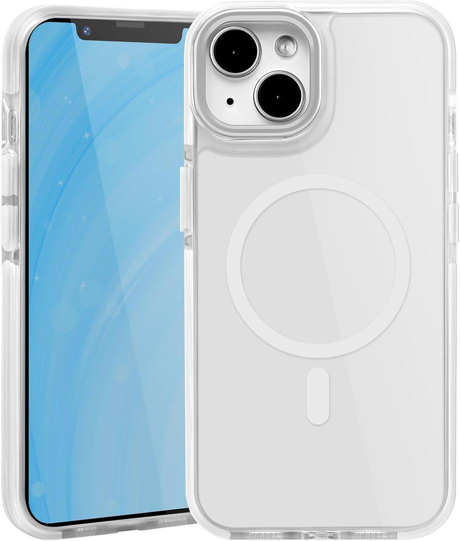 Magnetic Case for iPhone 15 Plus (6.7-Inch), Compatible with MagSafe, Non Yellowing Clear Hybrid Case [Hard Acrylic+Soft TPU], Colored Outlines Anti-Shock Scratch Resistant Phone Cover, White