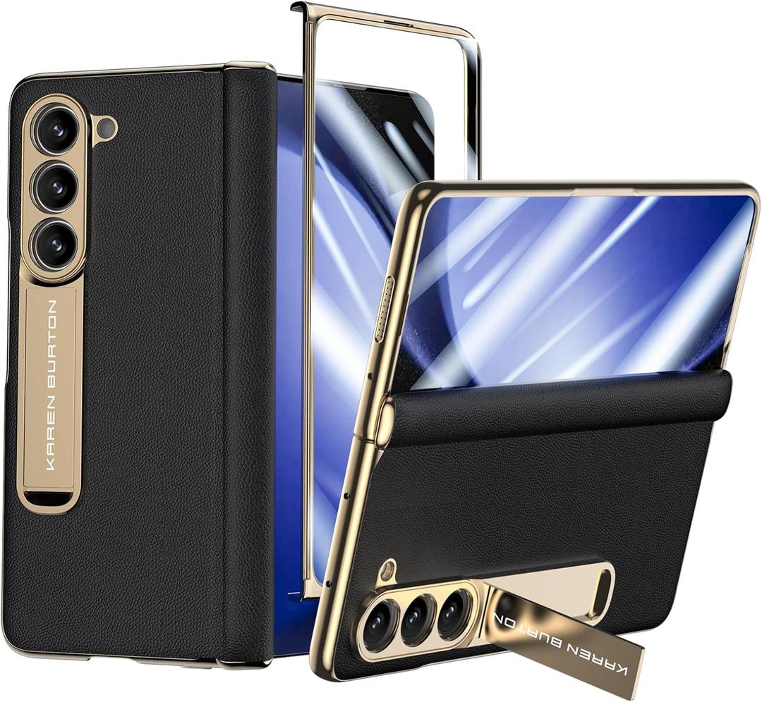 Phone Case for Samsung Galaxy Z Fold 5,Luxury Premier Genuine Leather,Full Body Hinge Protection,Built-in Screen Protector,Kickstand Slim Protective Cover for Galaxy ZFold 5 (Black)