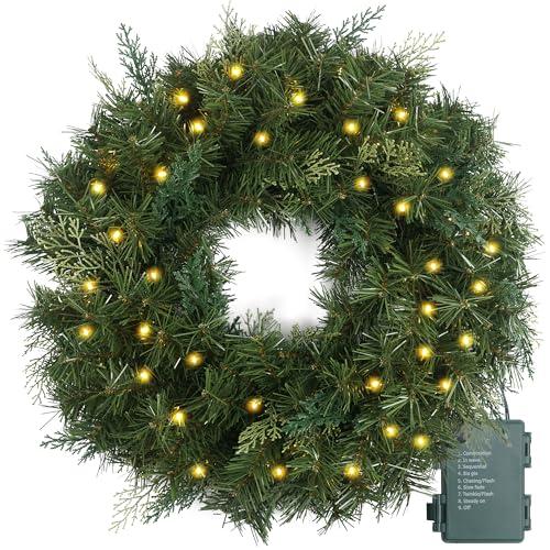 Christmas Wreath Pre-lit 24 inch with 50 Led & Cupressus Tips, Battery Operated Artificial Christmas Wreaths for Front Door with Timer Lights, Wreath for Christmas Decoration Door Windows Wall Green