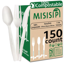 MISISIPI 150-Count Compostable Utensils Set - Heavy Duty BPI Certified, Plastic-Free Disposable Forks, Spoons, Knives for BBQ, Camping, Events, Plant-Based Cutlery